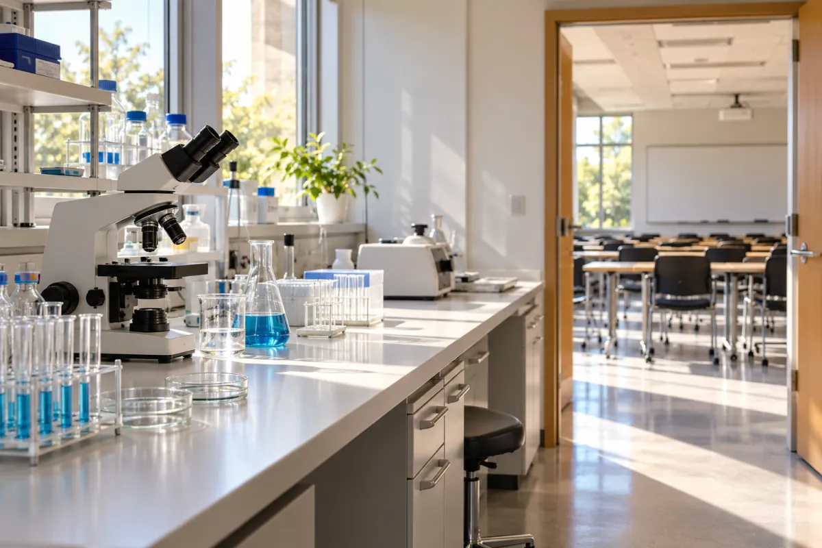 Laboratoire de recherche universitaire ouvrant sur une salle de cours vide