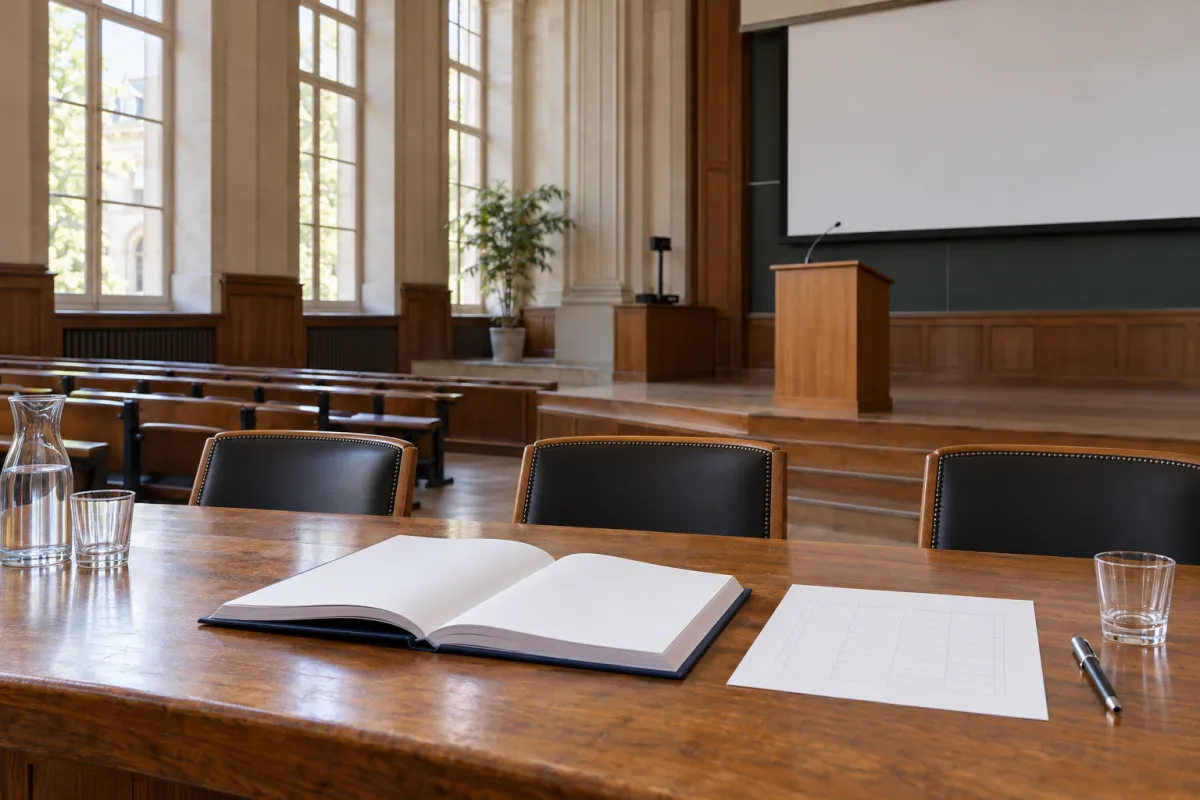 Jury de trois enseignants évaluant un mémoire de master avec une grille de notation pendant la soutenance