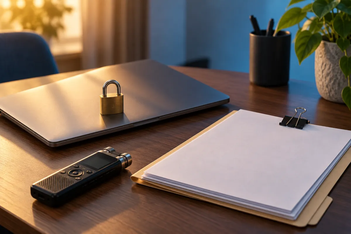 Ordinateur portable fermé avec un cadenas posé à côté d'un dossier de retranscriptions d'entretiens et d'un enregistreur