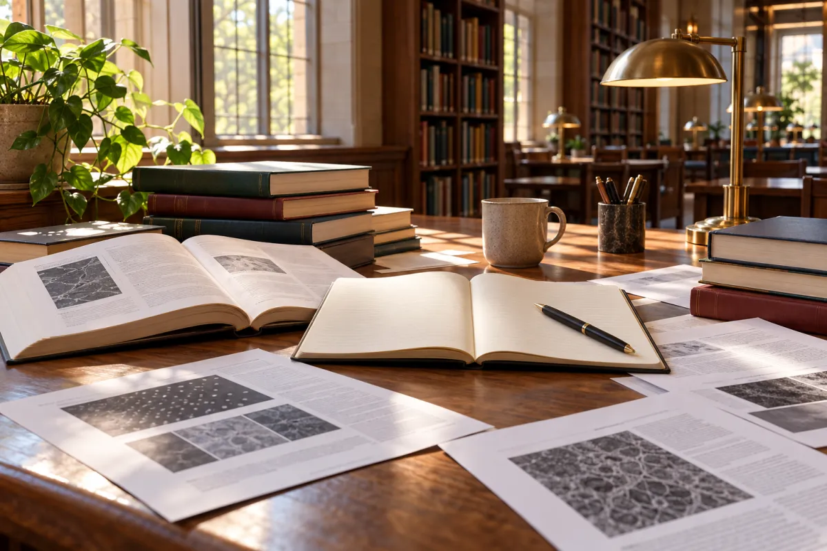 Étudiant en master travaillant sur la revue de littérature d'un mémoire de recherche à la bibliothèque