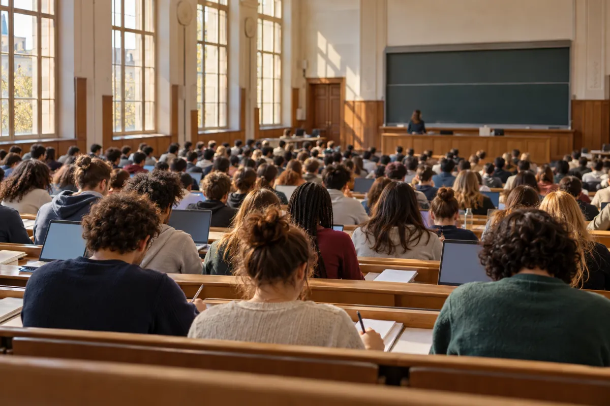 Amphithéâtre universitaire français accueillant des étudiants d'origines sociales variées