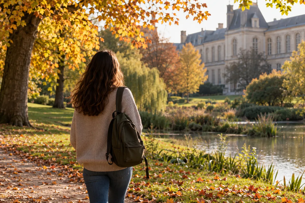 Étudiant faisant une pause marche dans un parc pendant la rédaction de son mémoire