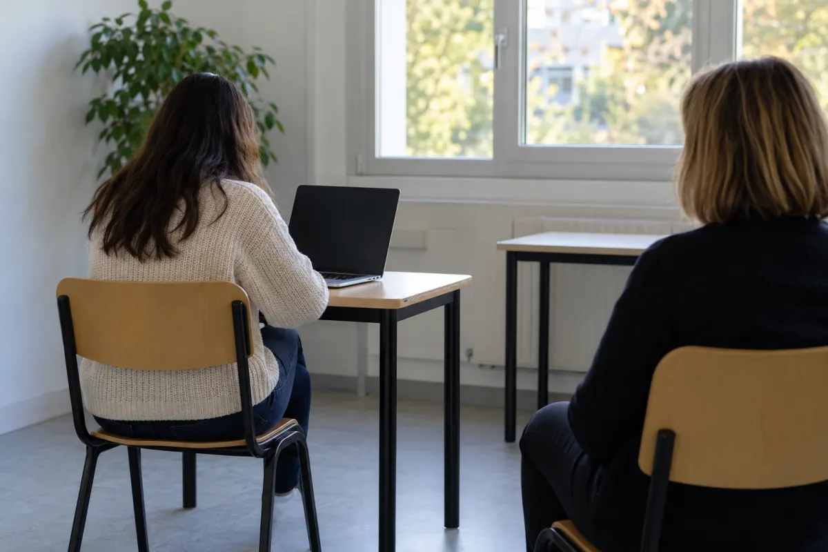 Étudiant en situation de handicap composant un examen sur ordinateur dans une salle à effectif réduit