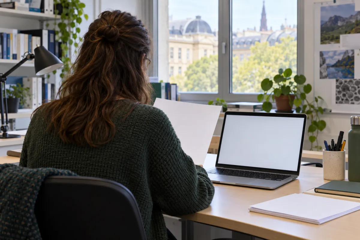 Doctorant préparant un dossier de financement de thèse dans un laboratoire universitaire