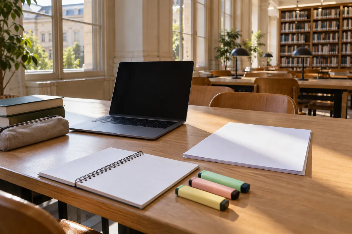 Étudiante lisant la charte IA officielle de son université dans une bibliothèque