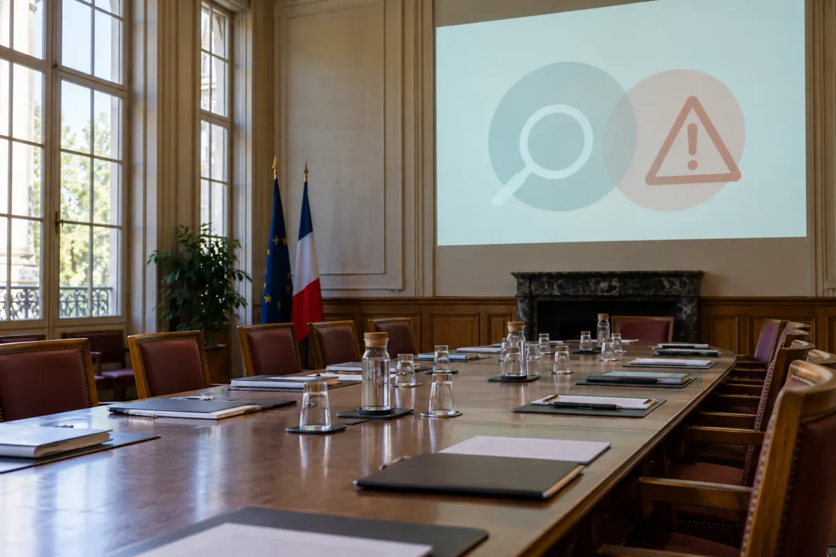 Réunion d'un conseil universitaire discutant de la politique IA de l'établissement