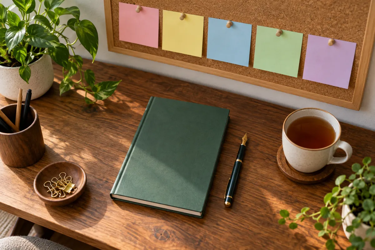 Bureau rangé avec des notes adhésives colorées sans inscription alignées sur un tableau en liège, illustrant une méthode de travail étape par étape