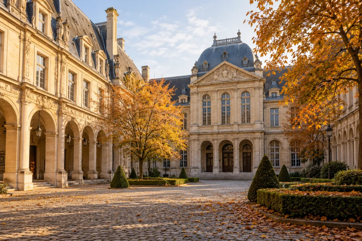 Cour d'une université française historique avec des étudiants