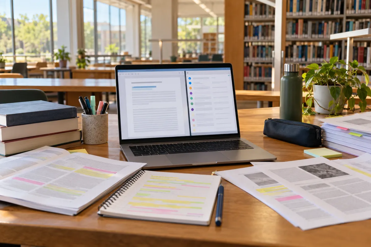 Étudiant rédigeant son mémoire avec un éditeur IA et un gestionnaire de références