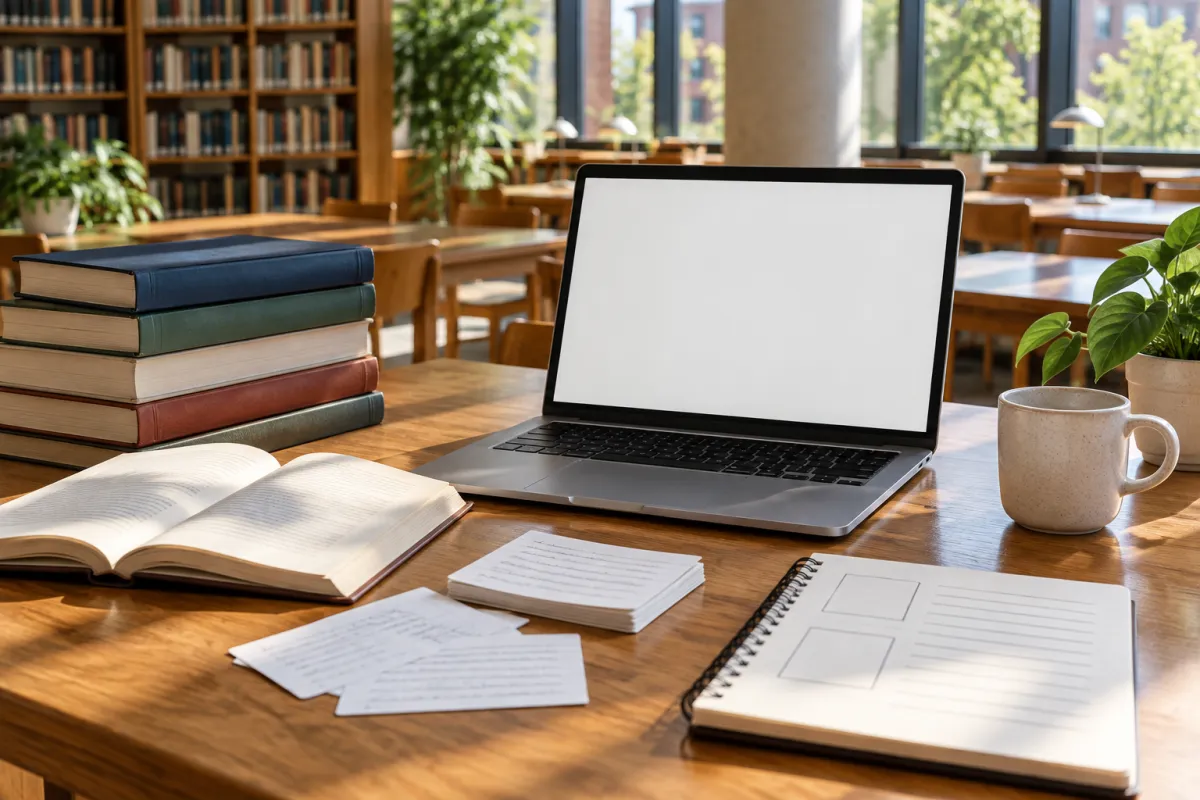 Étudiante de licence préparant le plan de son mémoire en bibliothèque universitaire