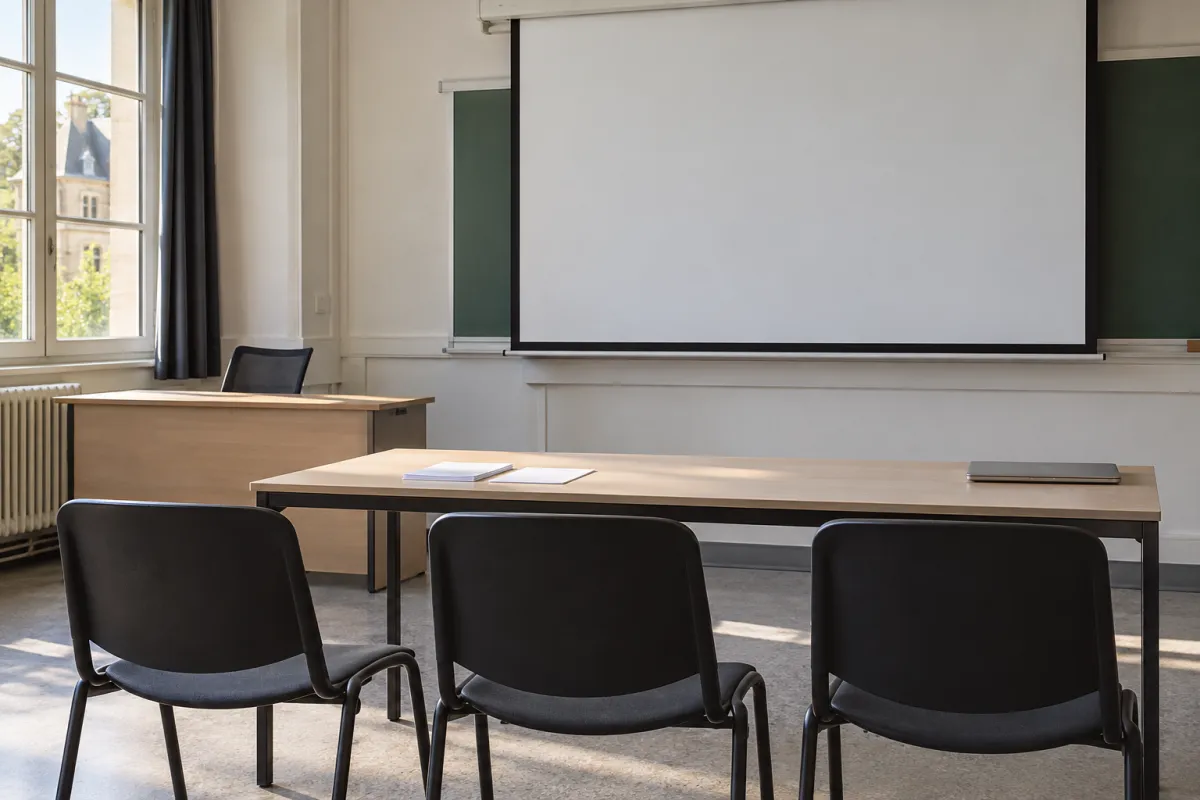 Étudiant présentant son mémoire de licence devant un jury de deux enseignants