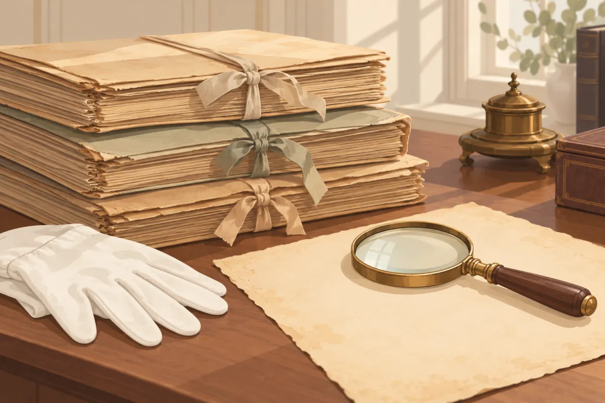 Liasses d'archives anciennes nouées par des rubans, gants de coton et loupe sur un bureau