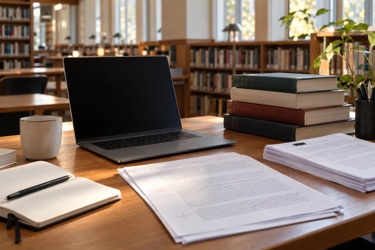 Étudiante en master rédigeant son mémoire obligatoire dans une bibliothèque universitaire