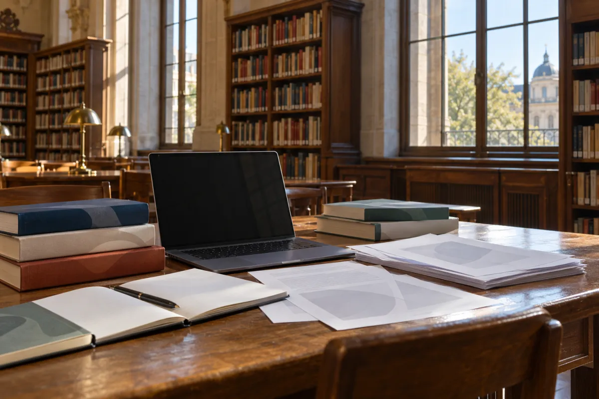Étudiant rédigeant son mémoire en anglais dans une bibliothèque universitaire française
