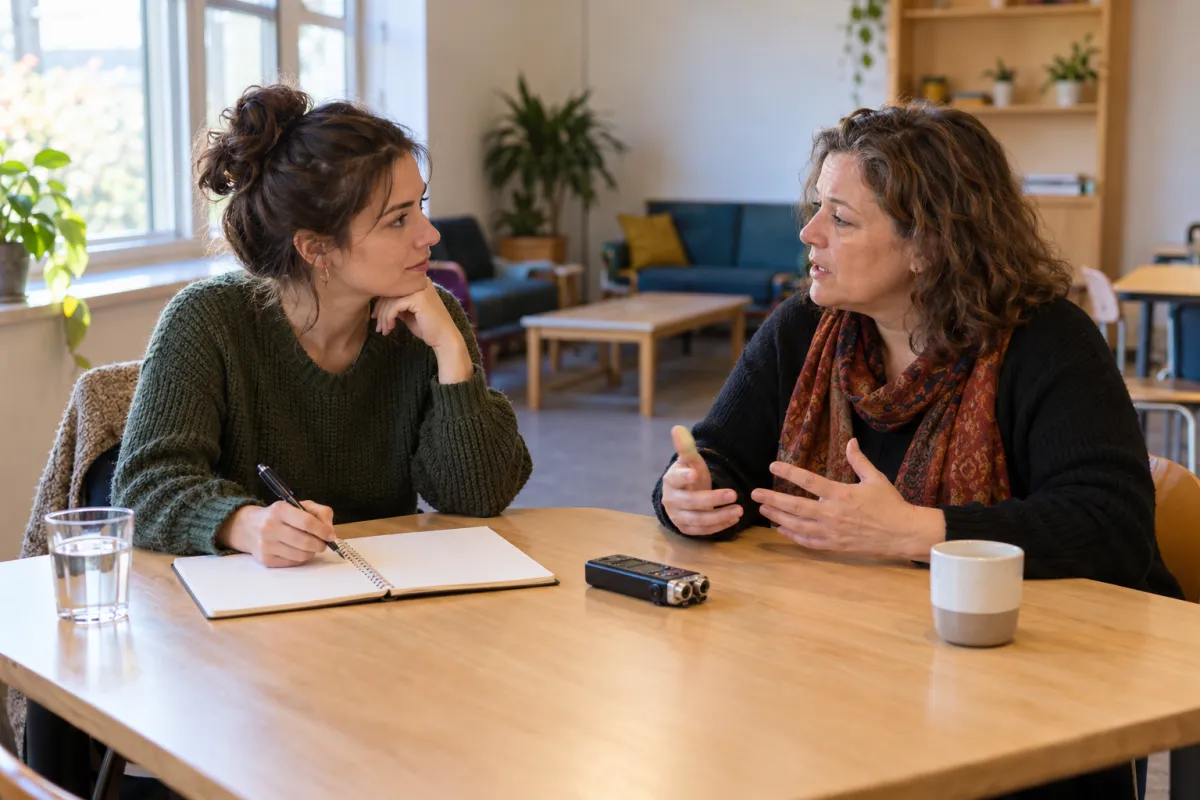 Étudiante en sociologie menant un entretien semi-directif avec une enquêtée, enregistreur et guide d'entretien sur la table