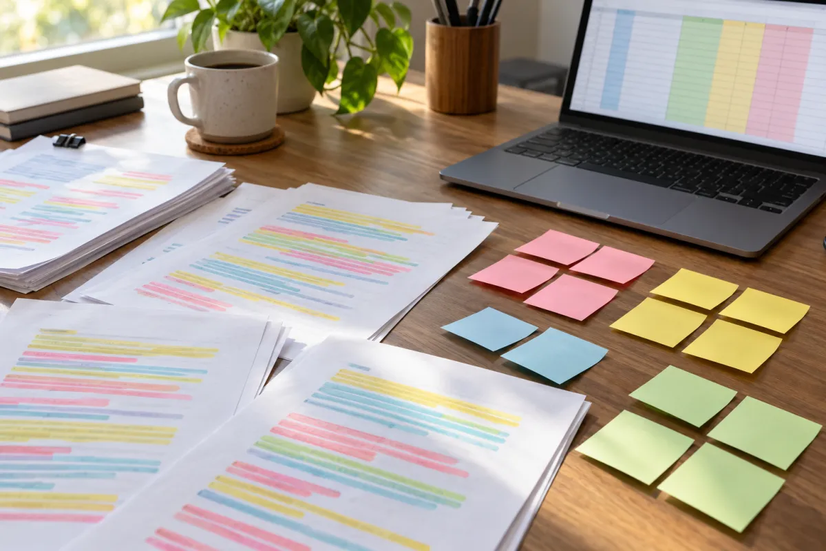 Transcriptions d'entretiens surlignées en couleurs et regroupées par thèmes pour le codage qualitatif