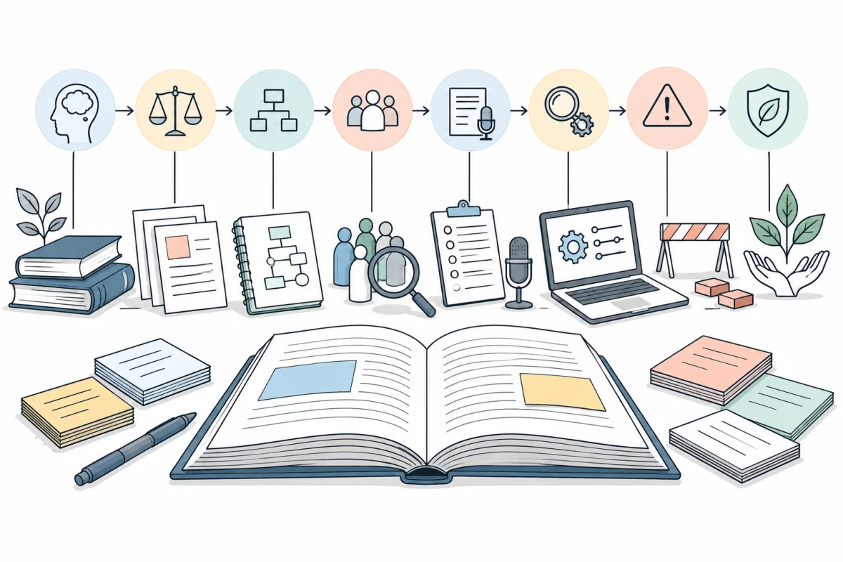 Livres et notes de recherche dans une illustration conceptuelle consacrée à 7. Comment rédiger la section méthodologie de votre mémoire