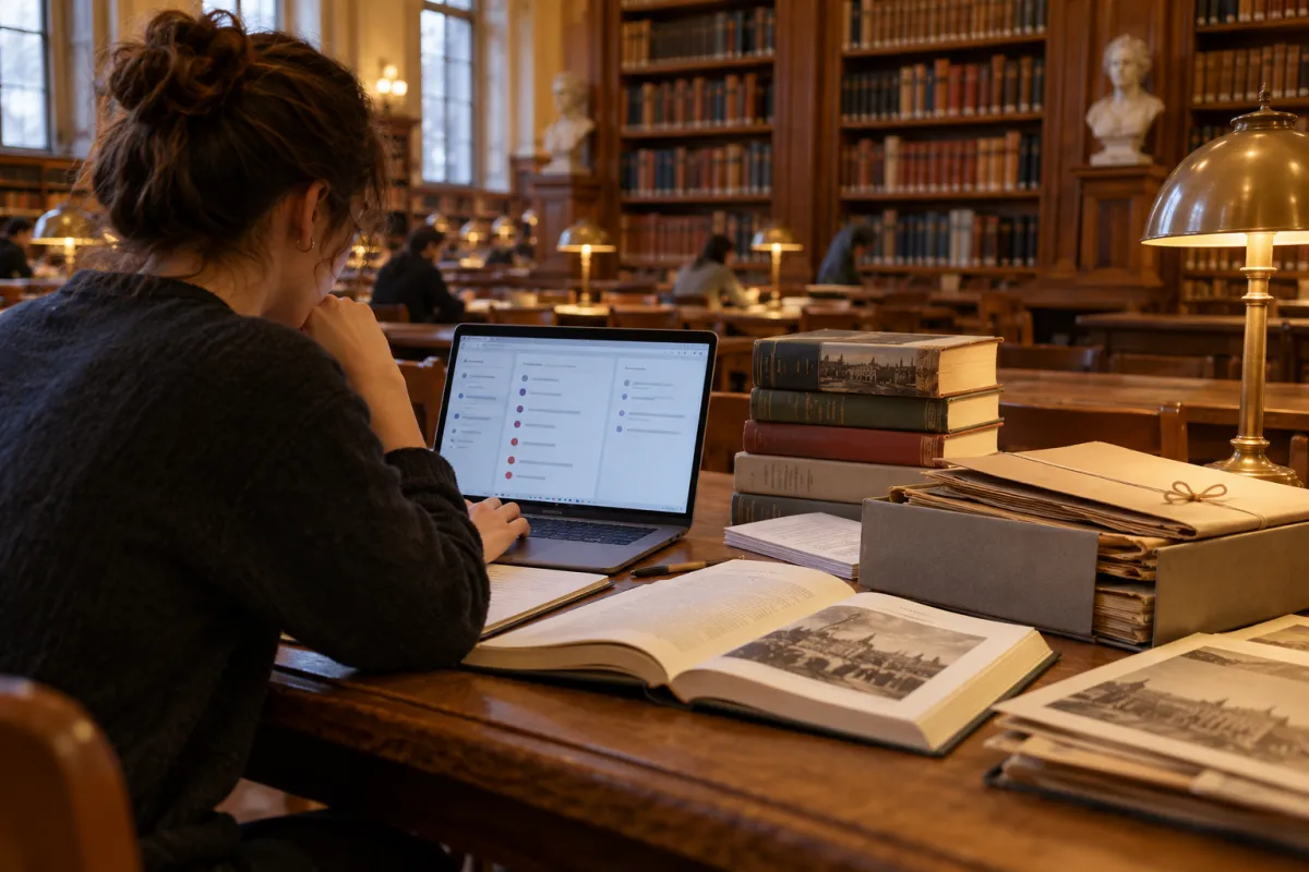 Étudiant vérifiant ses références bibliographiques Chicago entre ordinateur et ouvrages