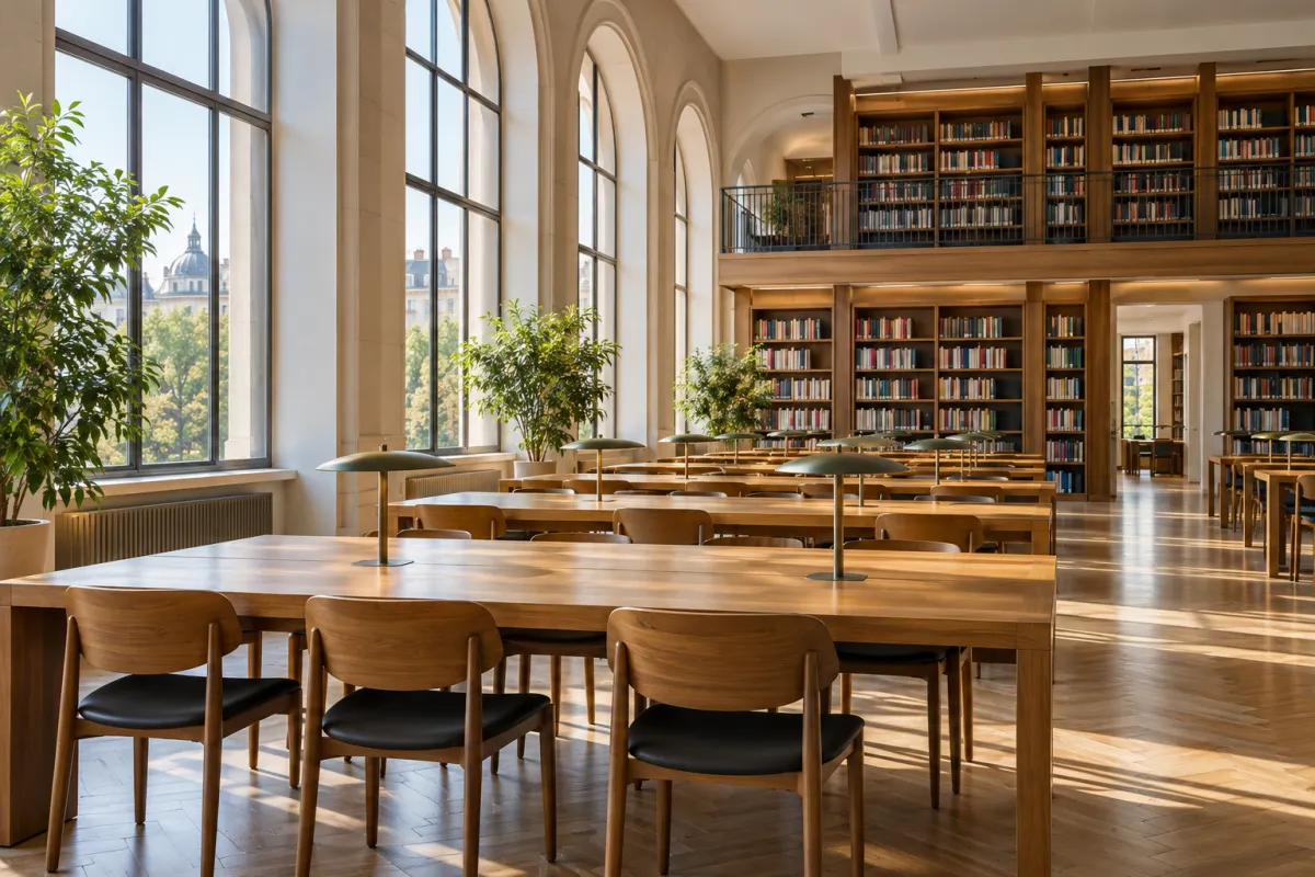 Étudiants travaillant sur ordinateurs portables dans une bibliothèque universitaire française