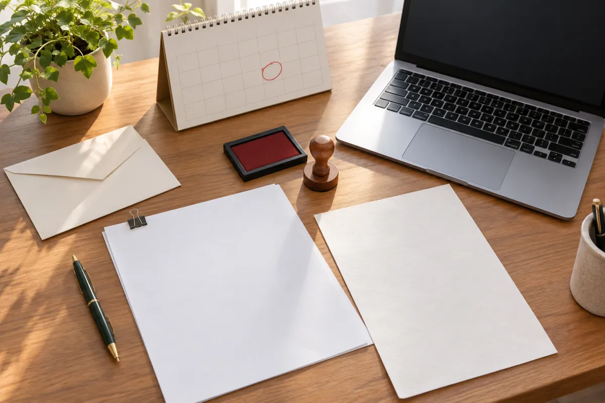 Formulaire administratif, lettre signée et calendrier avec une échéance entourée sur un bureau