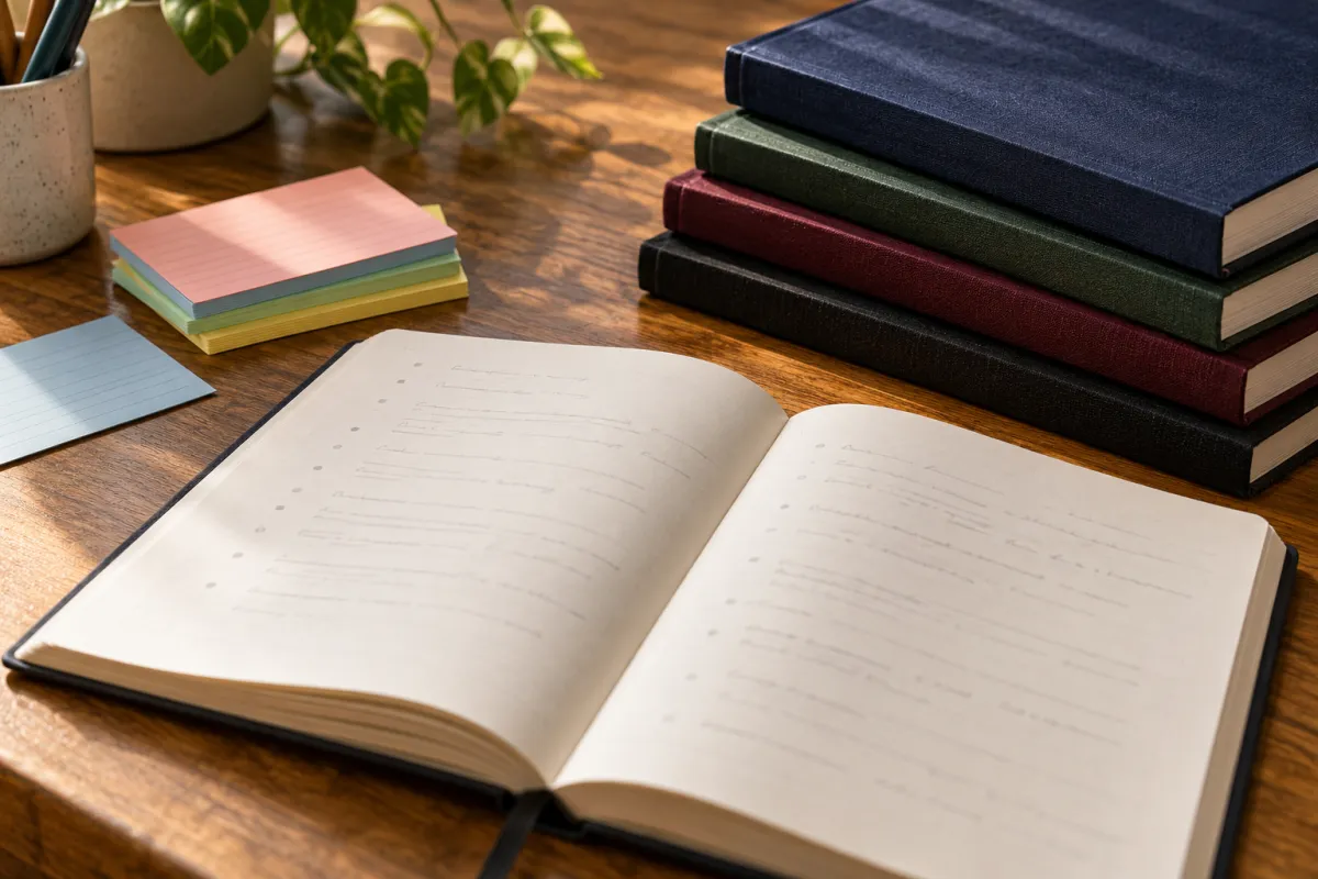 Carnet ouvert montrant une bibliographie soignée à côté de mémoires reliés