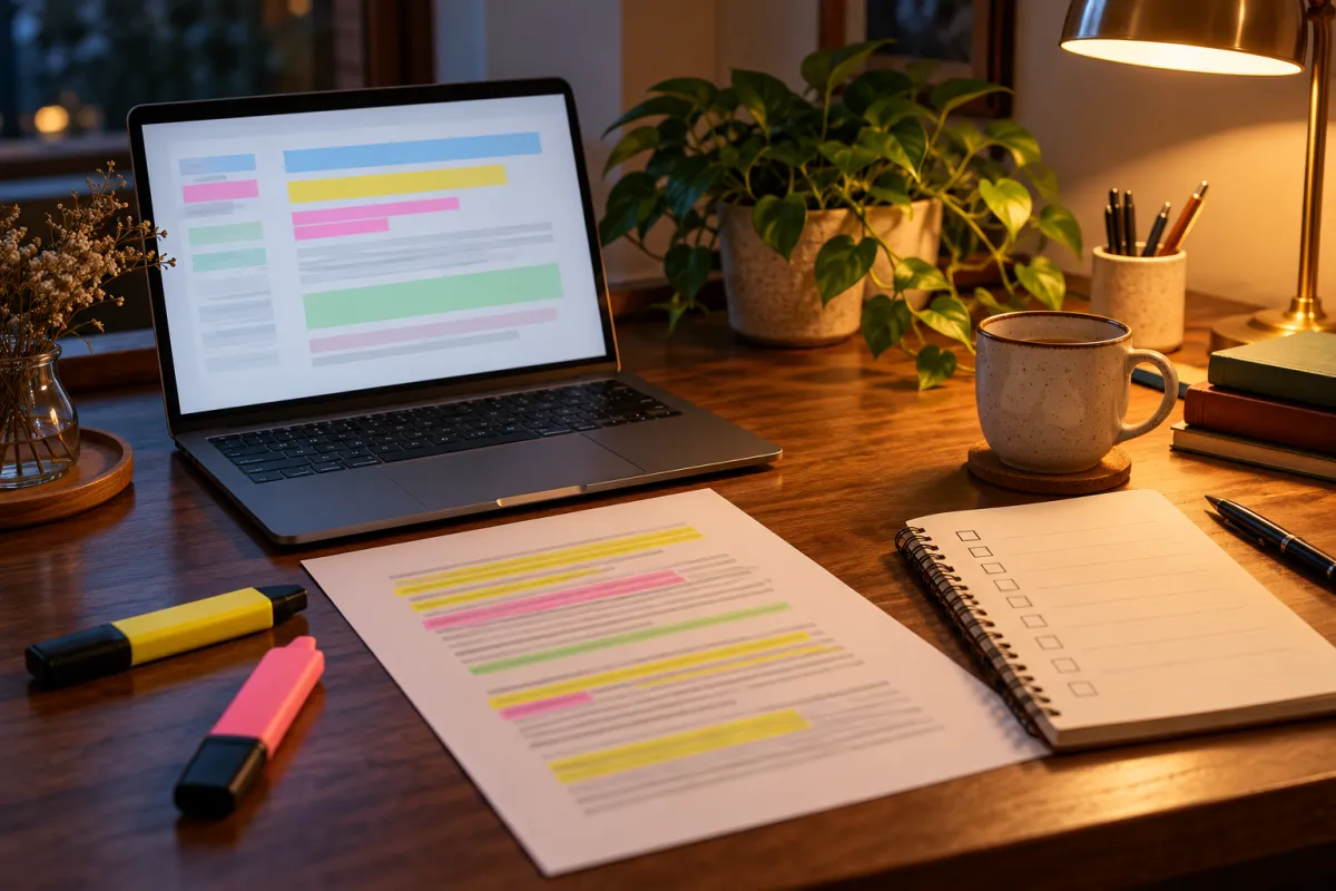 Document surligné et liste de contrôle à côté d'un ordinateur portable pour vérifier les similitudes