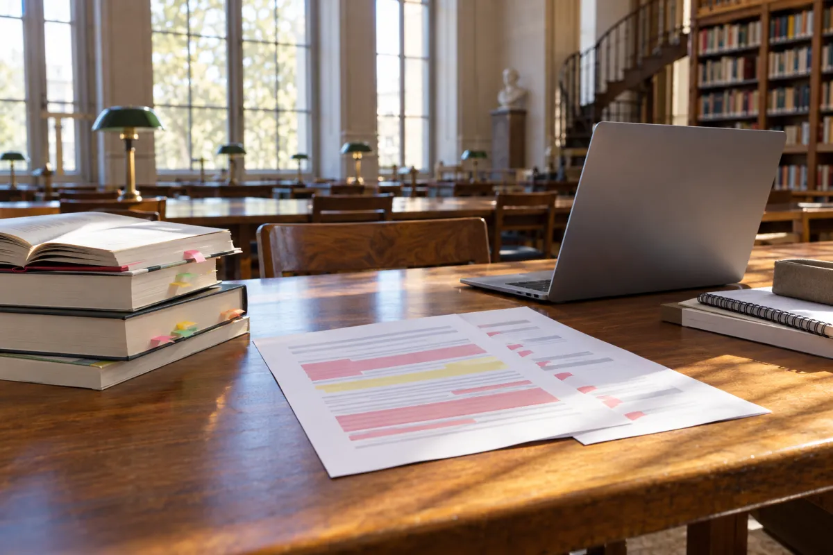 Étudiante analysant un rapport de similitude Compilatio dans une bibliothèque universitaire