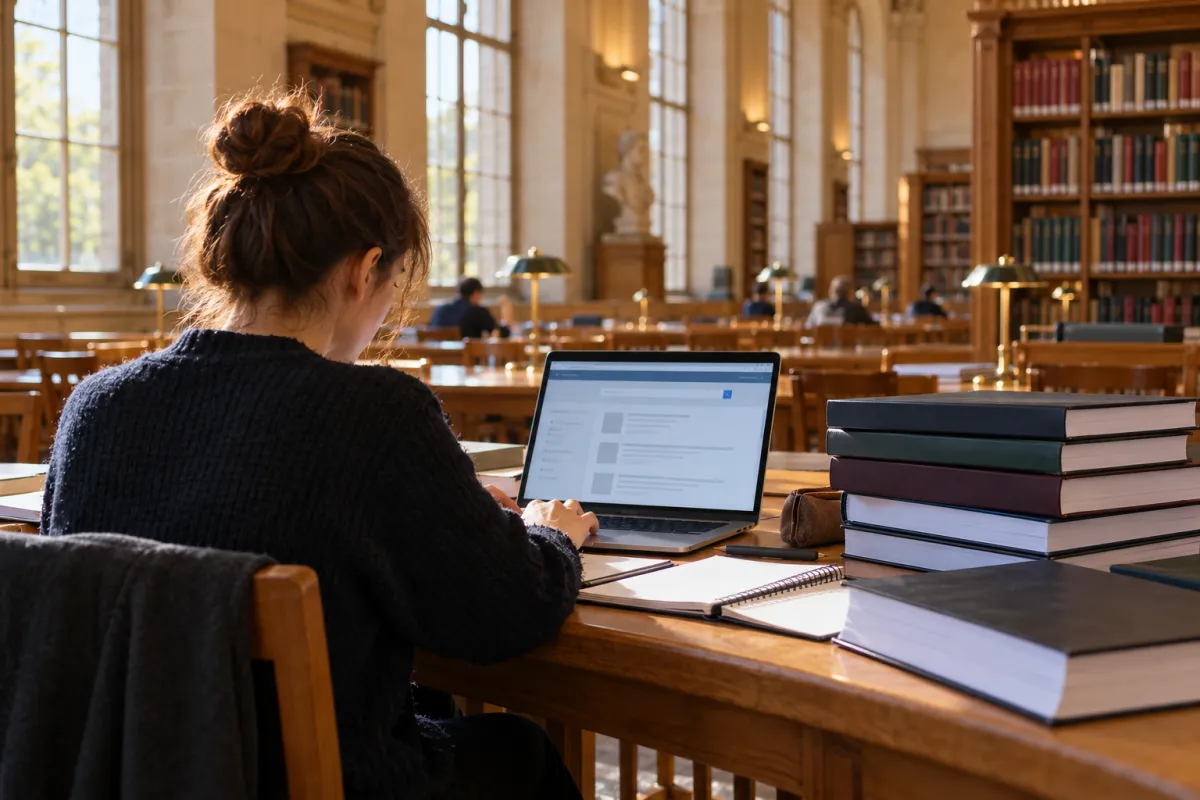 Étudiante consultant une archive ouverte de publications scientifiques sur son ordinateur en bibliothèque universitaire