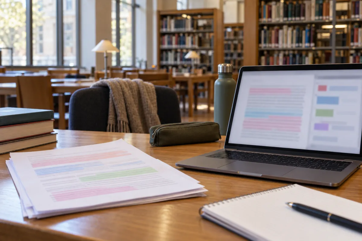 Étudiant analysant un rapport anti-plagiat avec passages surlignés