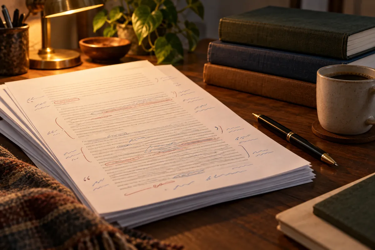 Mains corrigeant un mémoire imprimé en ajoutant citations et références
