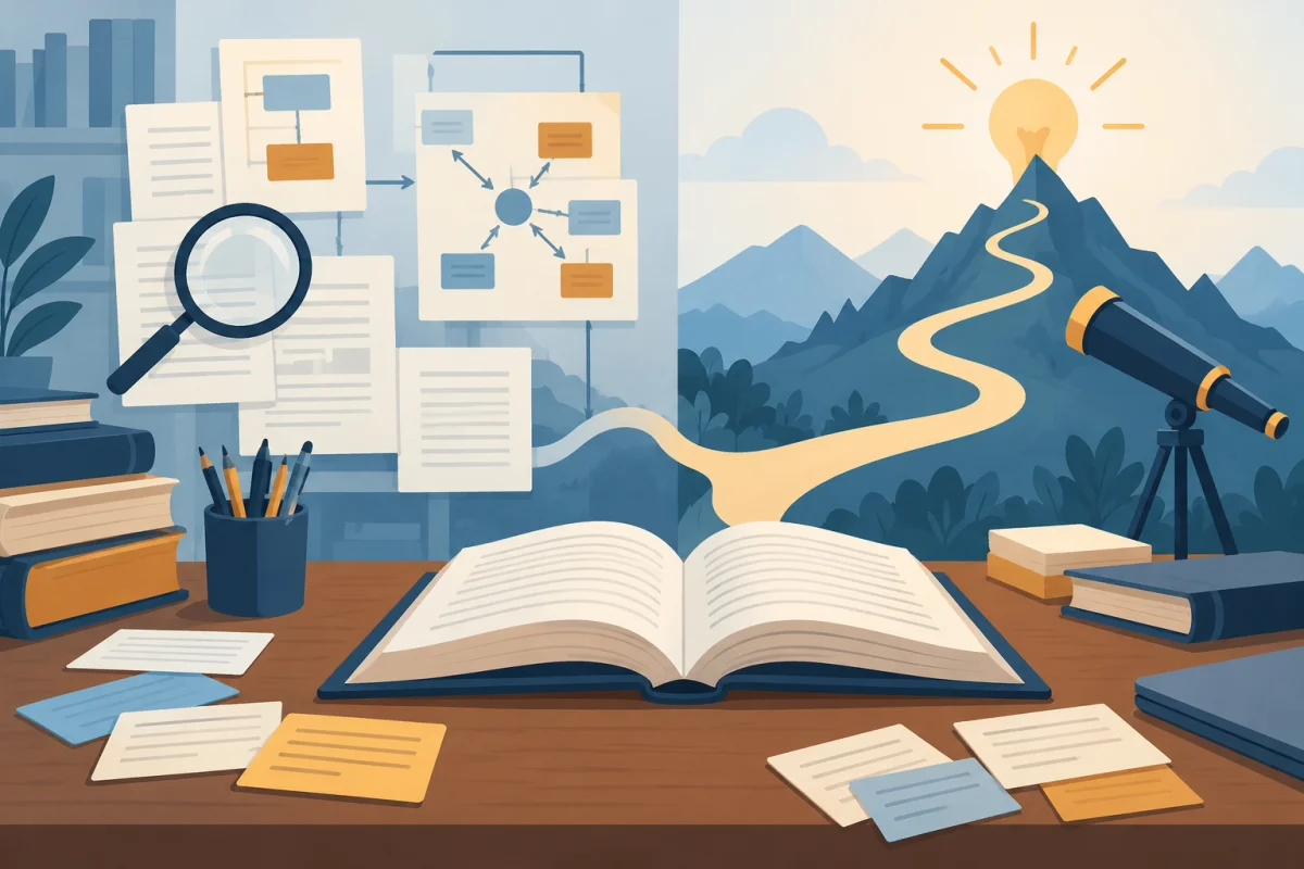 Livres et notes de recherche dans une illustration conceptuelle consacrée à Objectifs scientifiques : démontrer vs découvrir