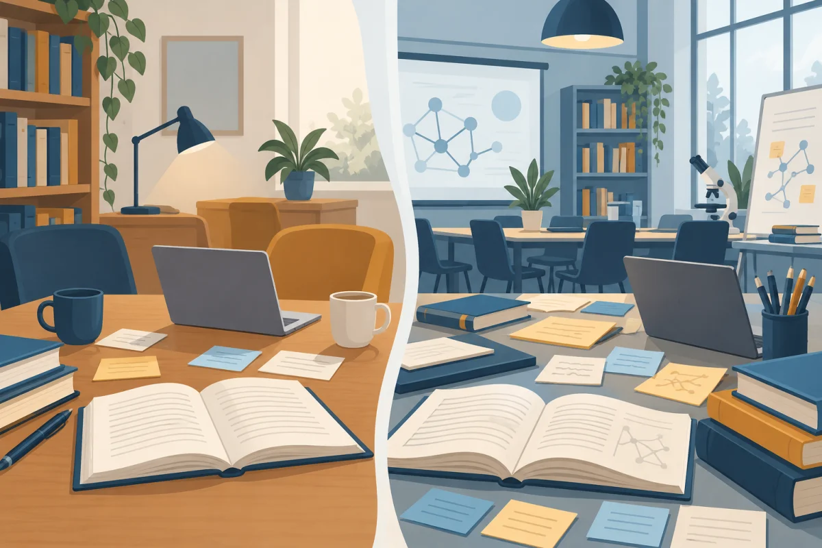 Livres et notes de recherche dans une illustration conceptuelle consacrée à L'encadrement académique