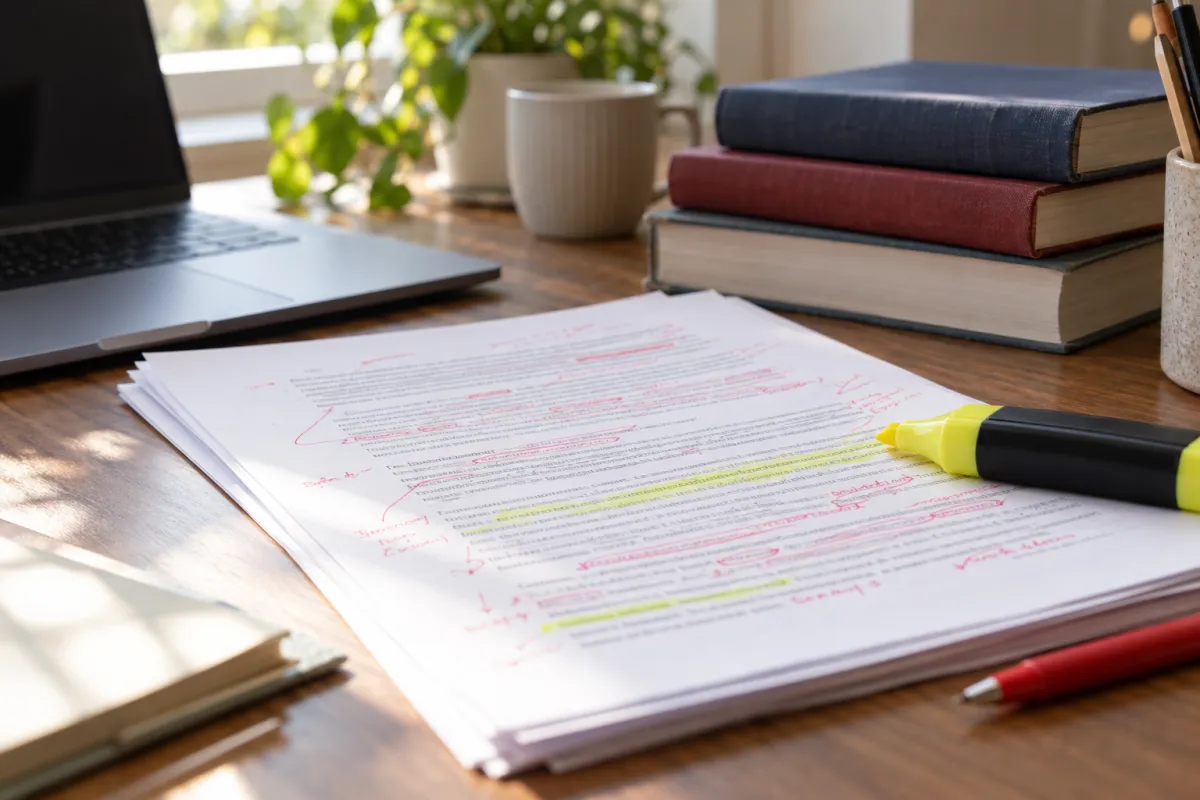 Relecture d'un chapitre de mémoire annoté à côté d'un ordinateur portable