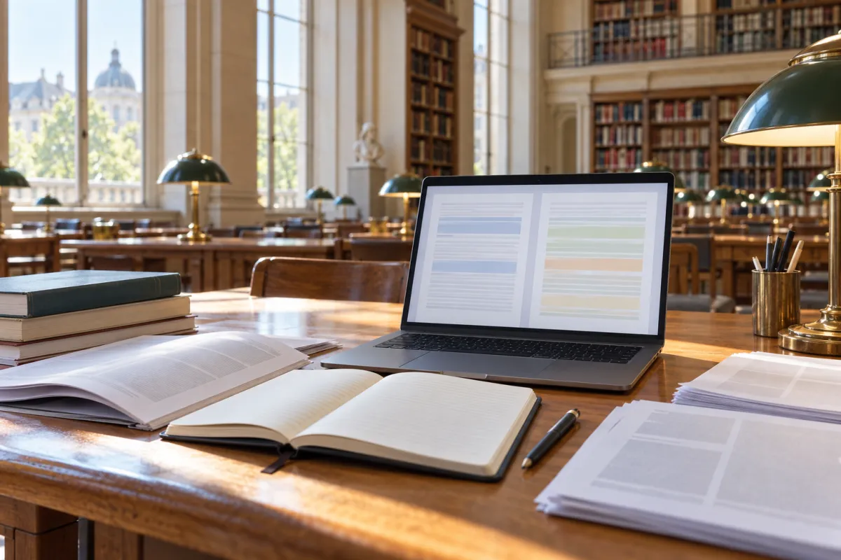 Étudiant comparant un paragraphe original et sa paraphrase académique sur un ordinateur portable