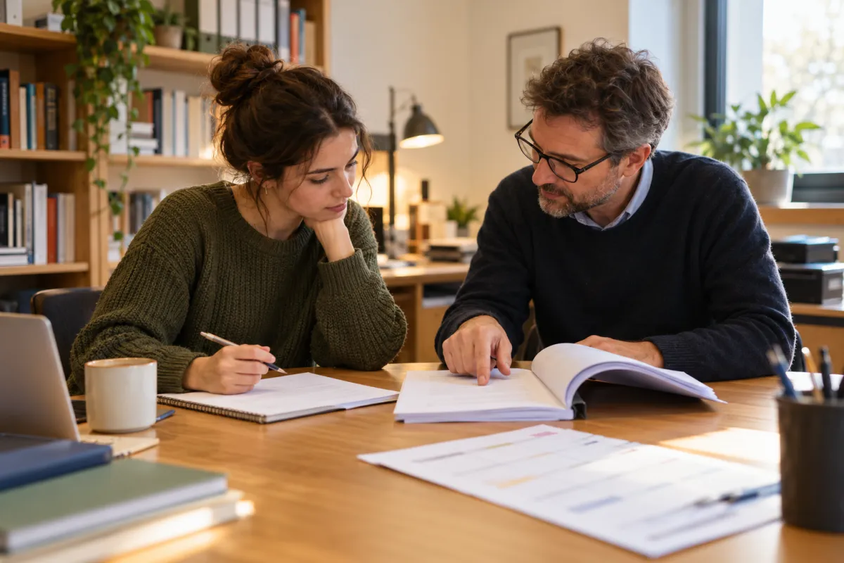Étudiant et directeur de mémoire planifiant le rattrapage du retard de rédaction