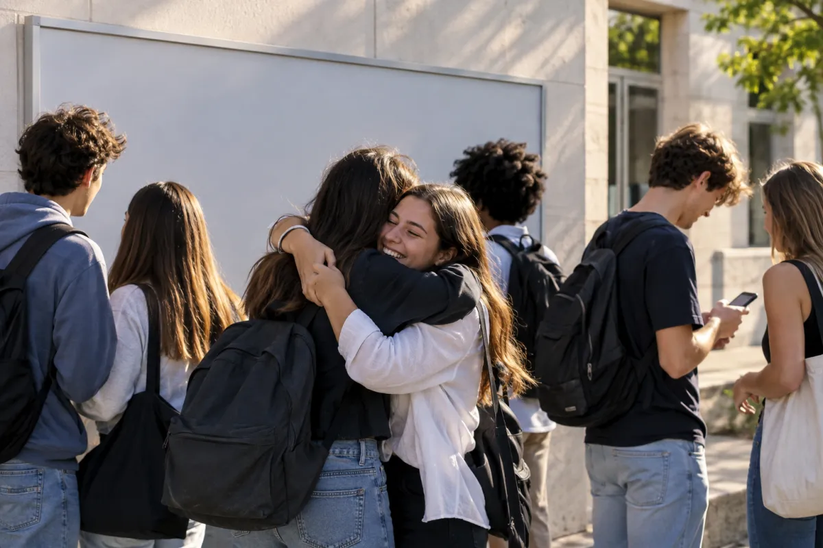 Lycéens consultant les résultats du Bac affichés devant leur lycée le 7 juillet