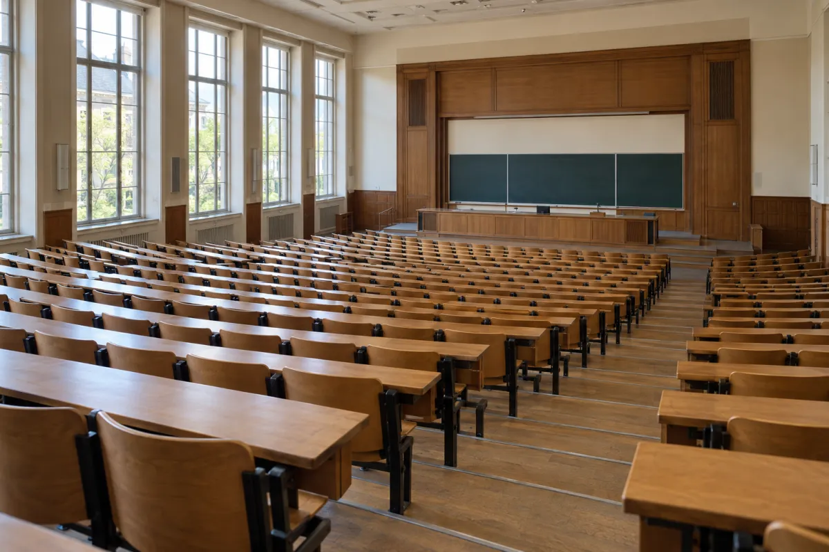 Amphithéâtre universitaire français pendant un cours de première année de licence