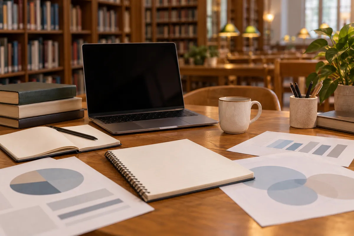 Étudiant rédigeant son mémoire de stage de master à la bibliothèque universitaire