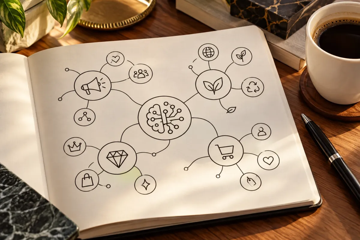 Carte mentale reliant plusieurs thématiques de sujets de mémoire marketing