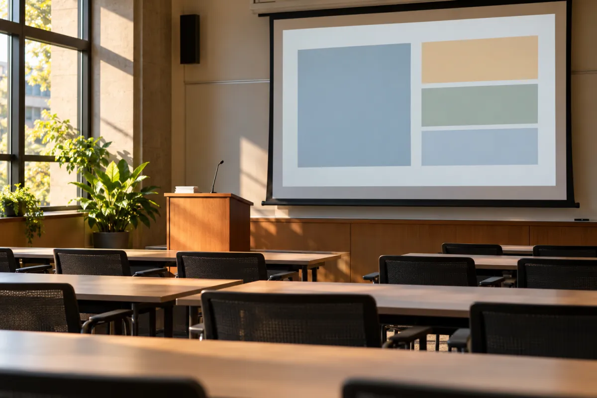Étudiant en Master 2 répétant sa présentation de soutenance devant un écran de projection