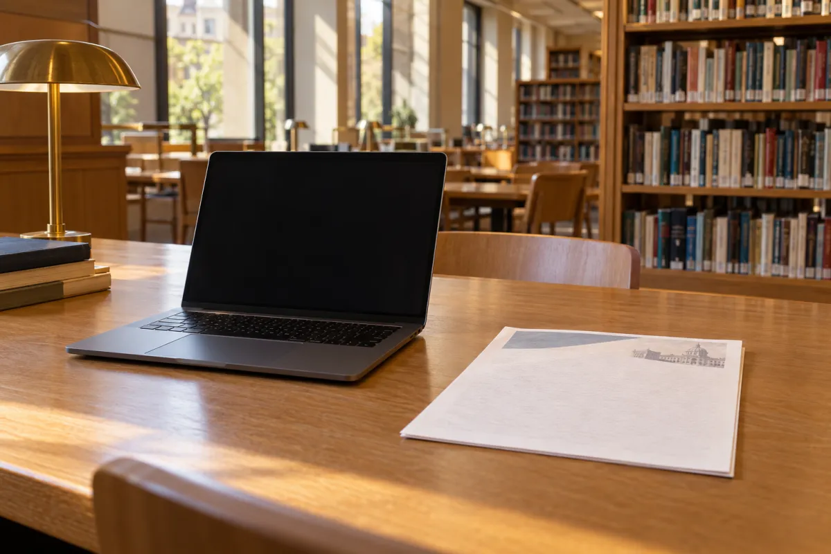 Étudiante lisant la charte d'usage de l'IA de son université française avant de rédiger son mémoire