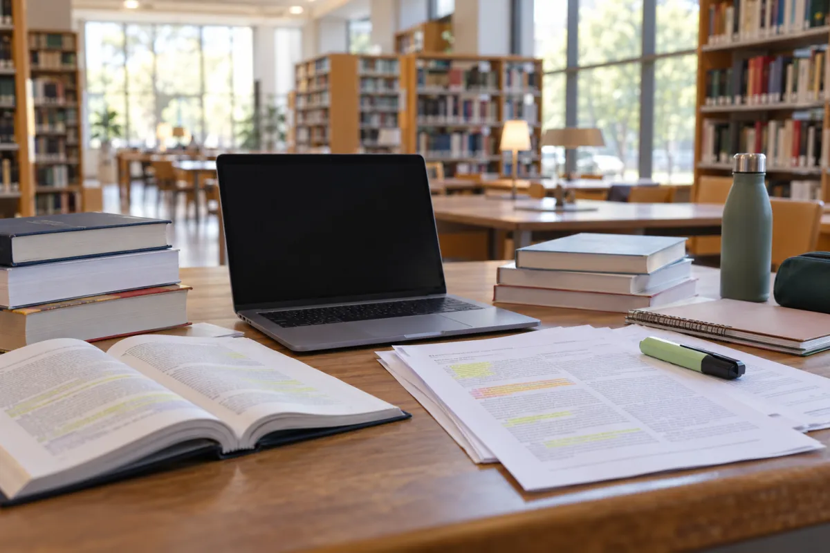 Étudiante vérifiant la bibliographie de son mémoire sur un ordinateur portable en bibliothèque