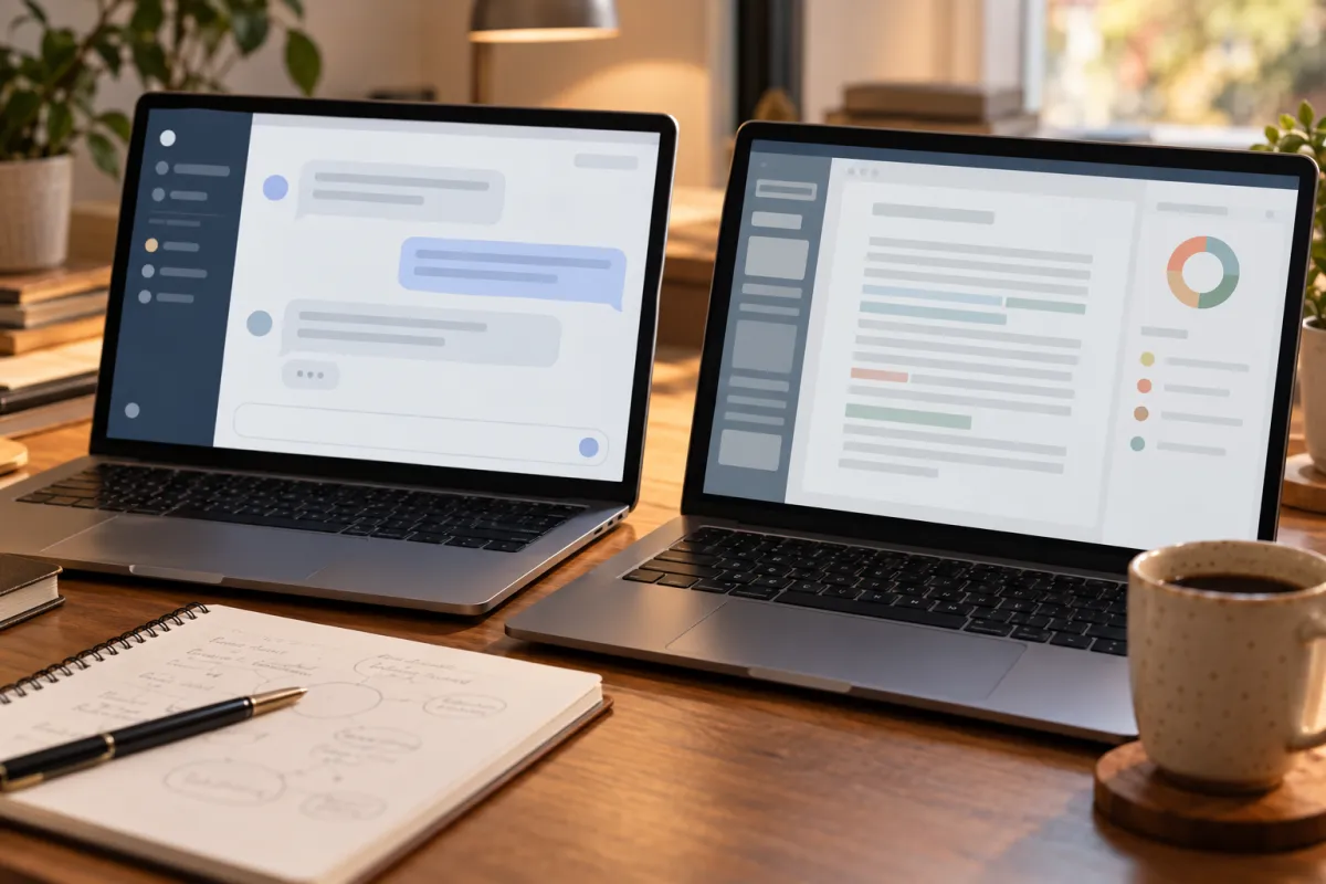 Deux écrans comparant un assistant IA conversationnel et un éditeur de mémoire avec rapport de similarité