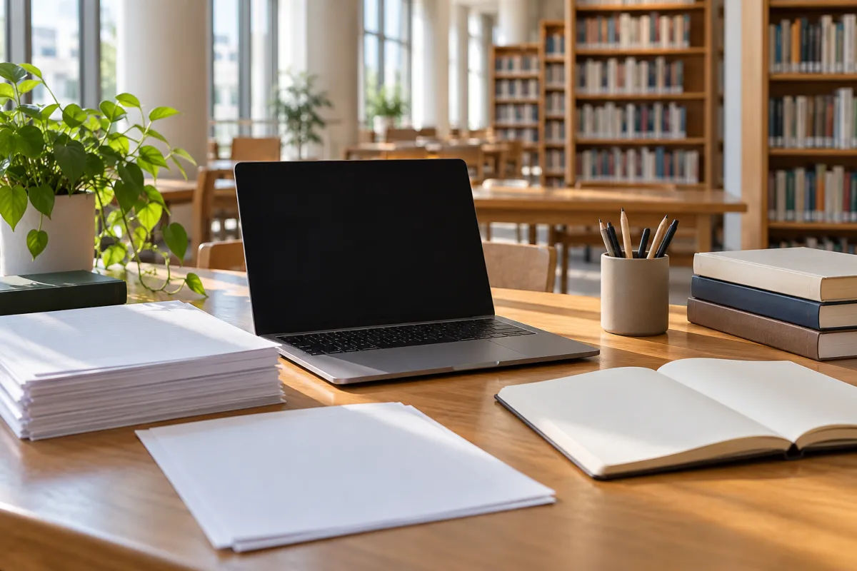 Étudiante travaillant sur le plan de son mémoire sur un ordinateur portable en bibliothèque