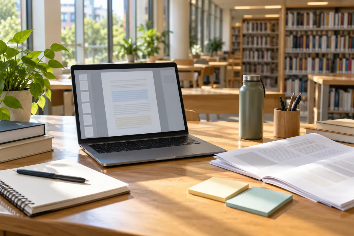 Étudiante comparant des outils IA pour la rédaction de son mémoire en bibliothèque