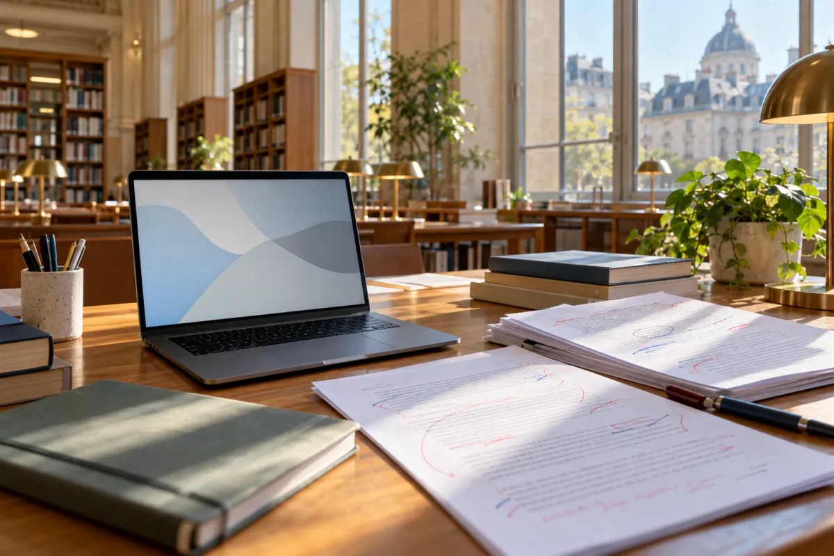 Étudiante corrigeant son mémoire sur ordinateur avec des suggestions de correction affichées