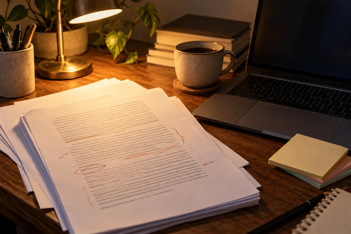 Brouillon de mémoire annoté à côté d'un ordinateur affichant une bibliographie et un rapport anti-plagiat