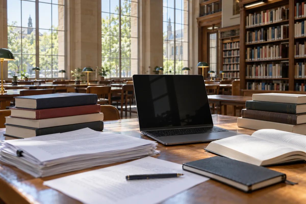 Étudiante en master utilisant des outils IA dans une bibliothèque universitaire française