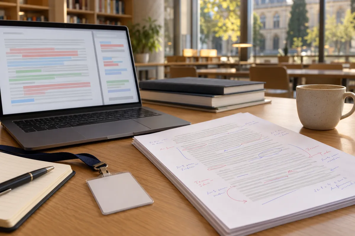 Rapport de vérification anti-plagiat affiché sur un ordinateur à côté d'un brouillon de mémoire