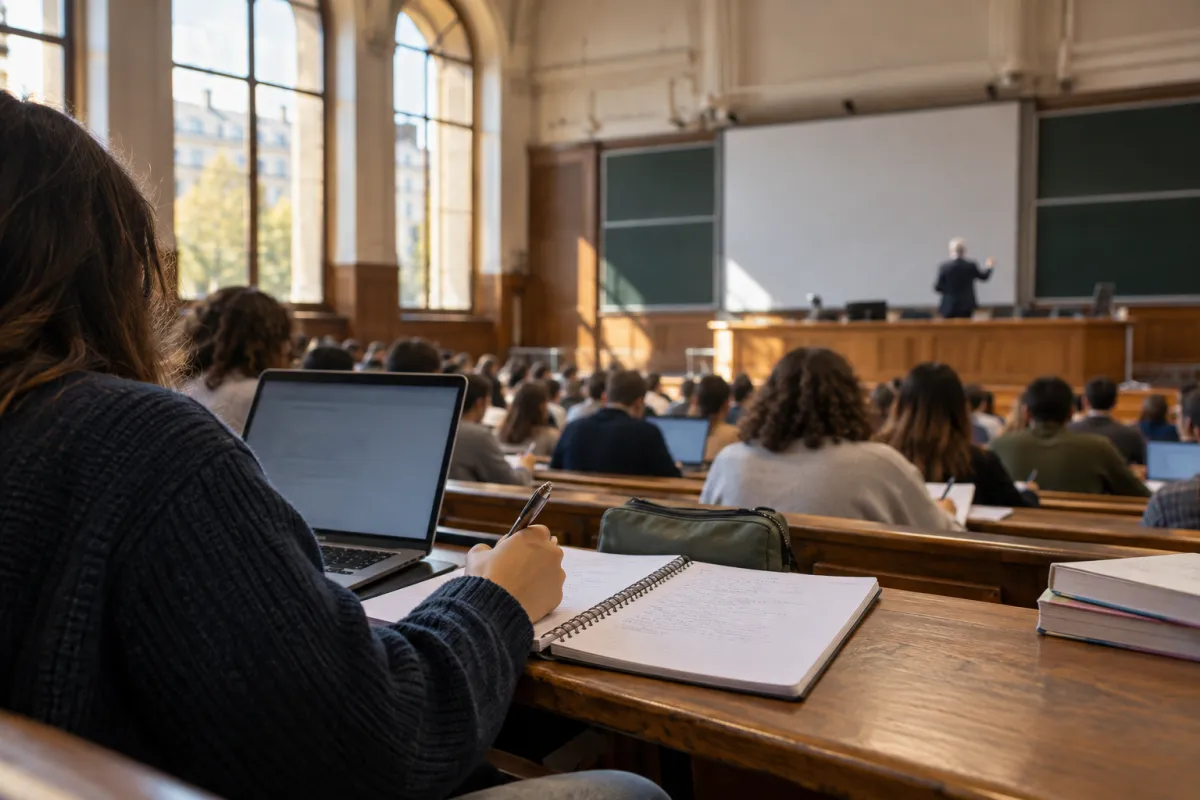 Étudiante de L1 prenant des notes pendant un cours magistral dans un amphithéâtre universitaire